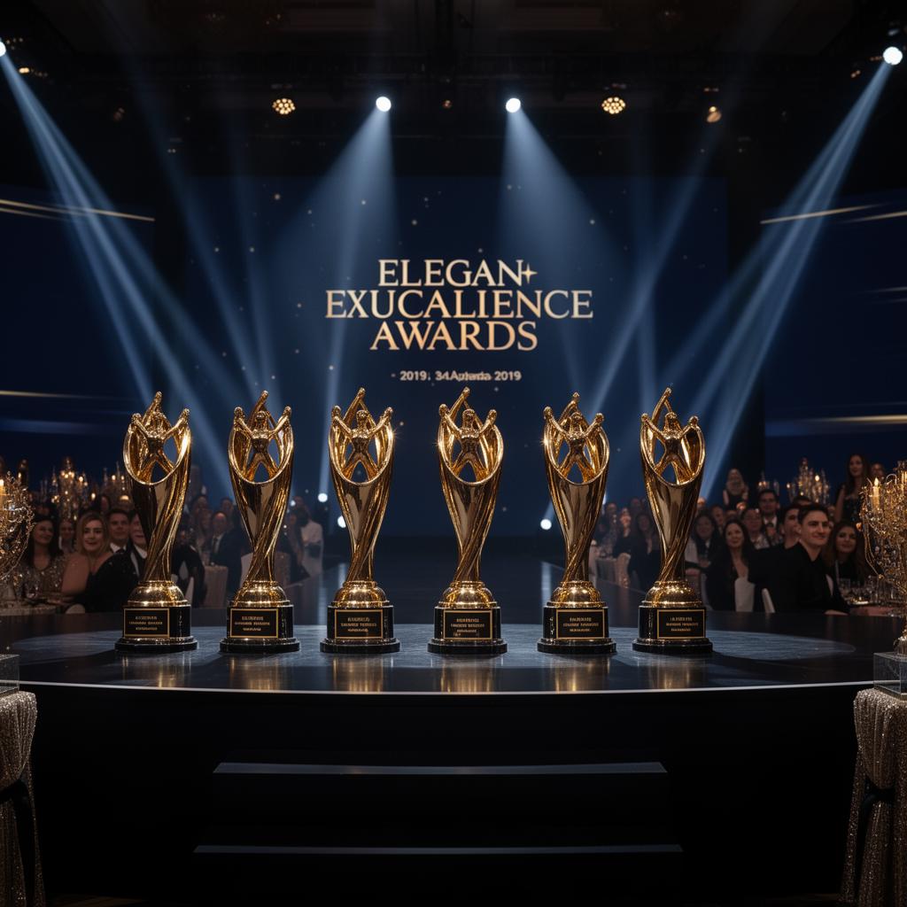 Education Excellence Awards trophies on a gala stage